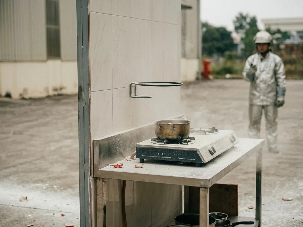 Bột chữa cháy phủ kín khu vực bếp thử nghiệm, lửa đã tắt, chỉ còn giá đỡ trống
